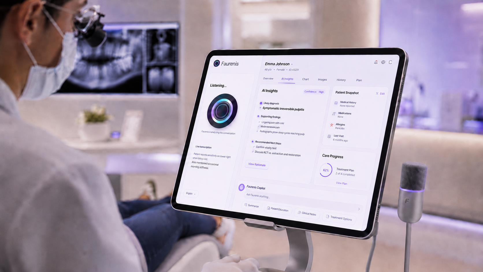A dental clinician with surgical loupes views the Faurenis chairside tablet, which shows the AI Insights panel, listening orb, patient snapshot, and care progress card.